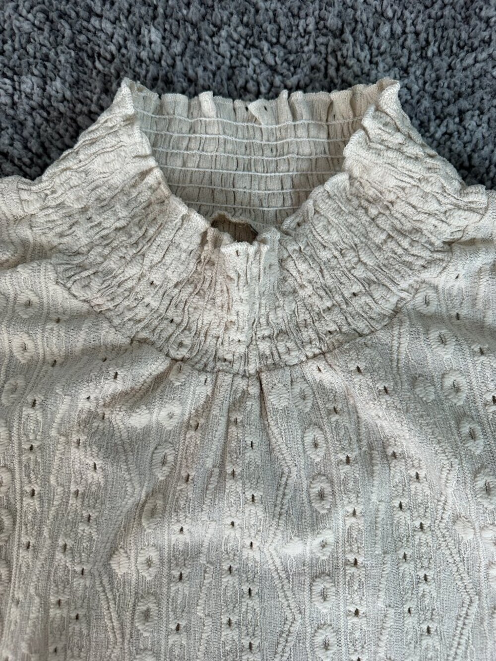 Cream Smocked Mock Neck Textured Blouse Lightweight Cottagecore Grandmacore Top - Picture 7 of 10